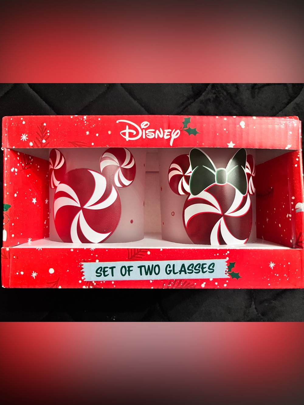 DISNEY Minnie & Mickey Peppermint Icon Frosted Holiday Glasses Set